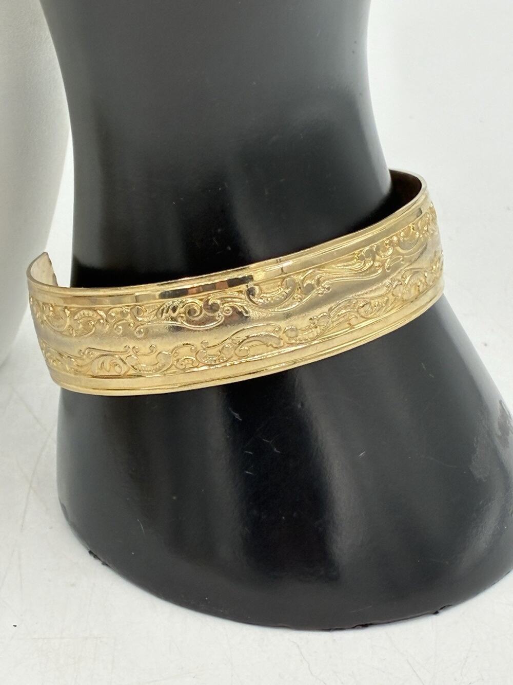Vintage Gold Tone Wide Cuff Bracelet Embossed Floral Scroll Pattern Unsigned